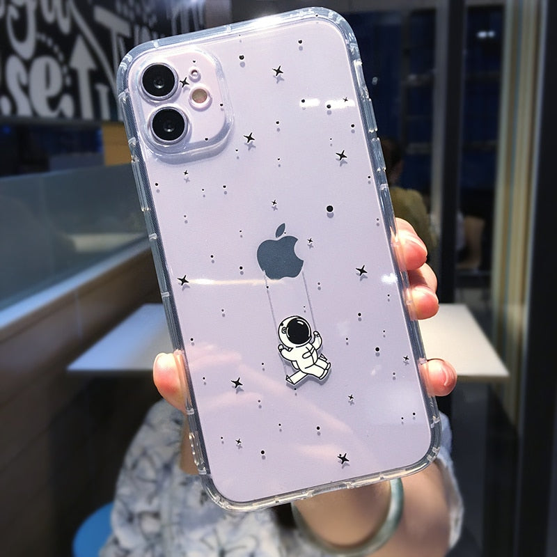 Clear Cartoon Astronaut Star Space Case For iPhone