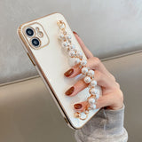 Custodia per telefono con catena di perle placcata 6D per iPhone 