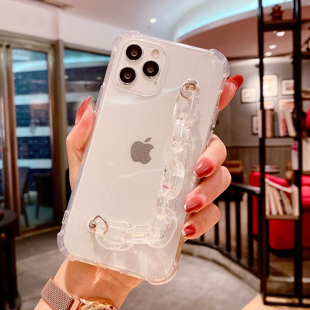 Custodia per cellulare con catena da polso trasparente glitterata per iPhone 