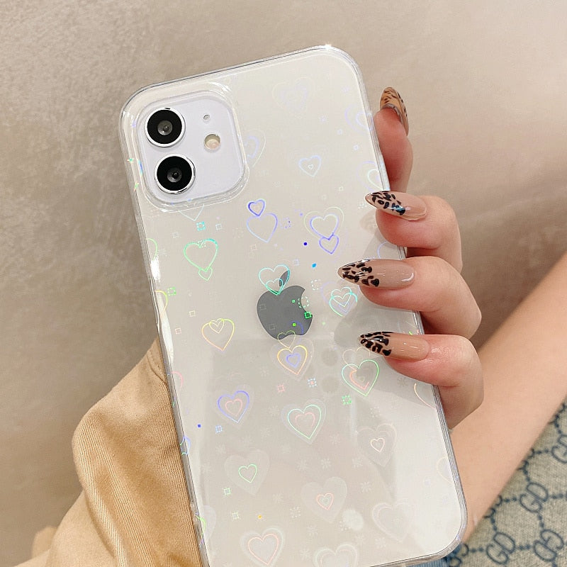 Gradient Laser Love Heart Clear Phone Case For iPhone