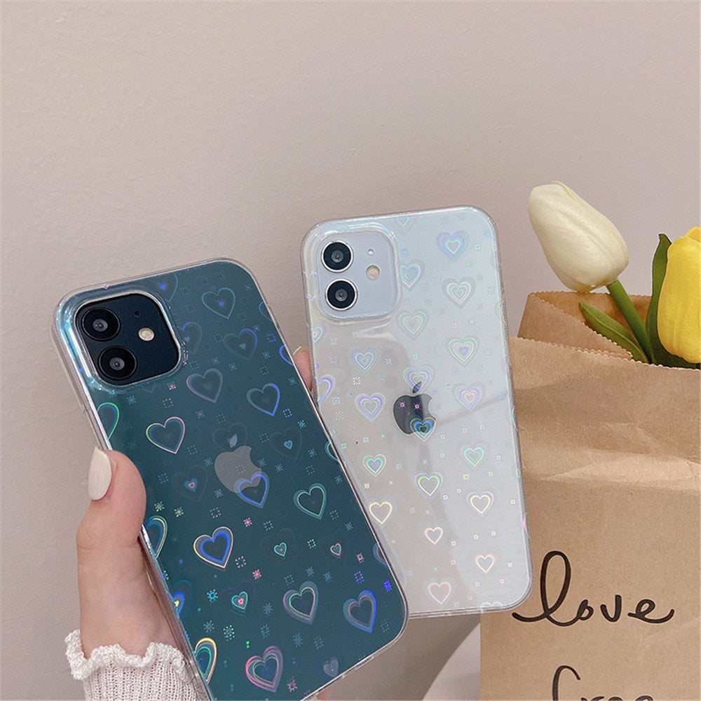 Gradient Love Heart Laser Hard Case For iPhone