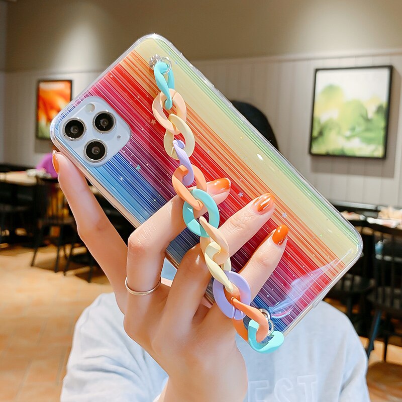 Custodia per cellulare con catena da polso colorata arcobaleno glitterato per iPhone 