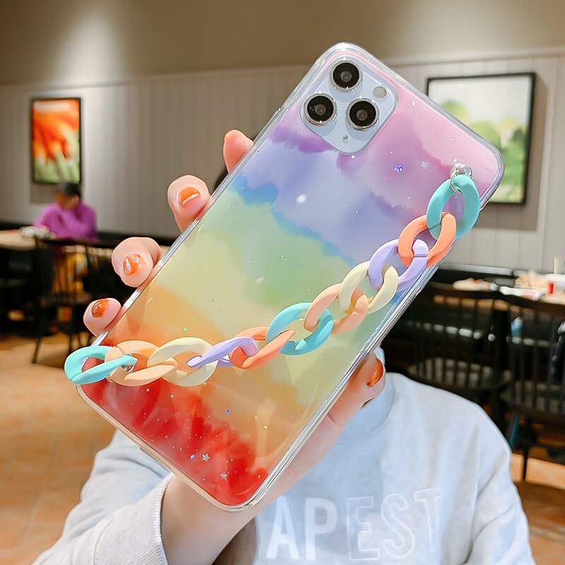 iPhone용 반짝이는 무지개 다채로운 손목 체인 전화 케이스 