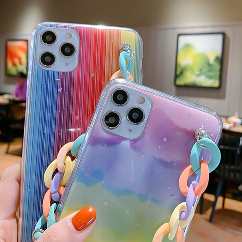 Custodia per cellulare con catena da polso colorata arcobaleno glitterato per iPhone 