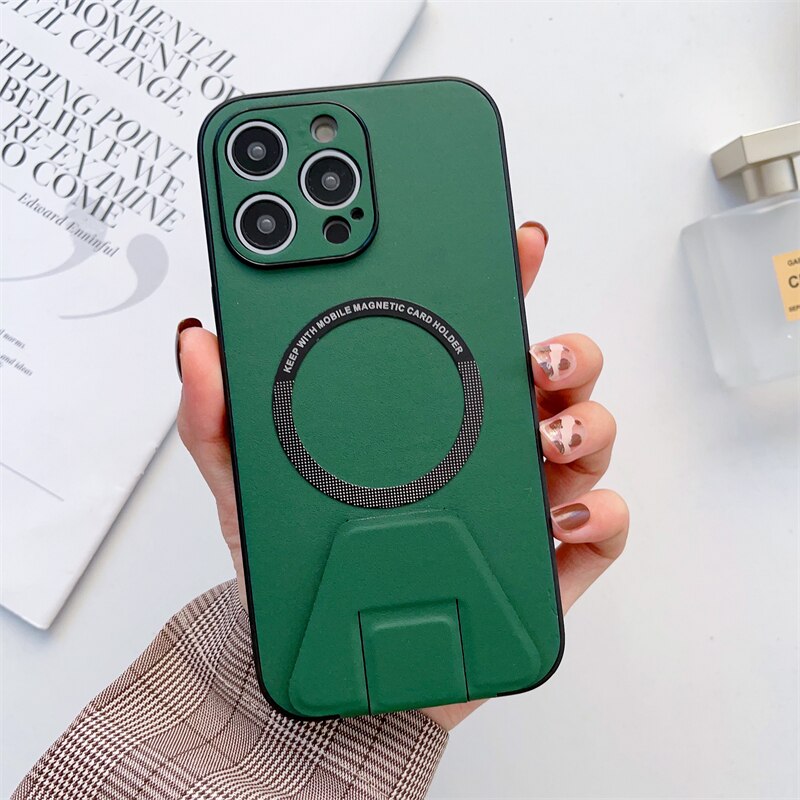 Leather Magnetic Wireless Charging Holder Case For iPhone