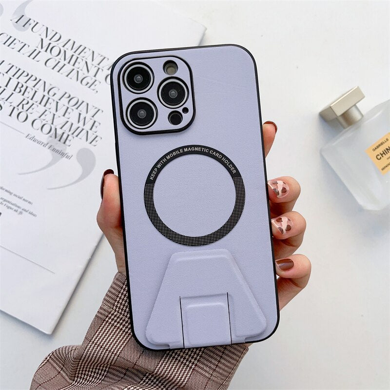 Leather Magnetic Wireless Charging Holder Case For iPhone