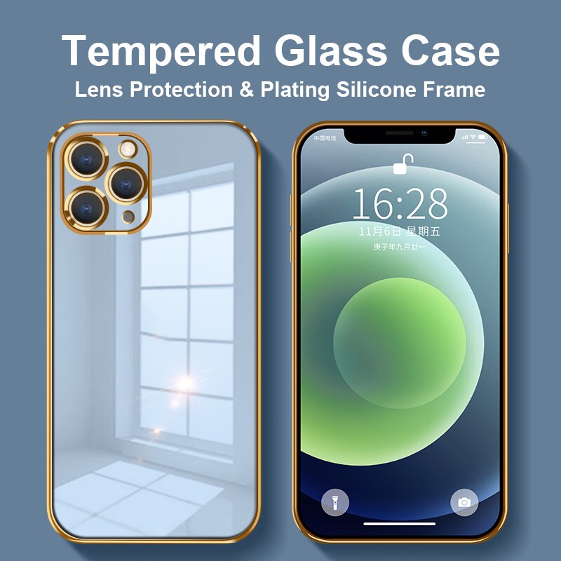Custodia morbida con cornice in vetro temperato per iPhone 
